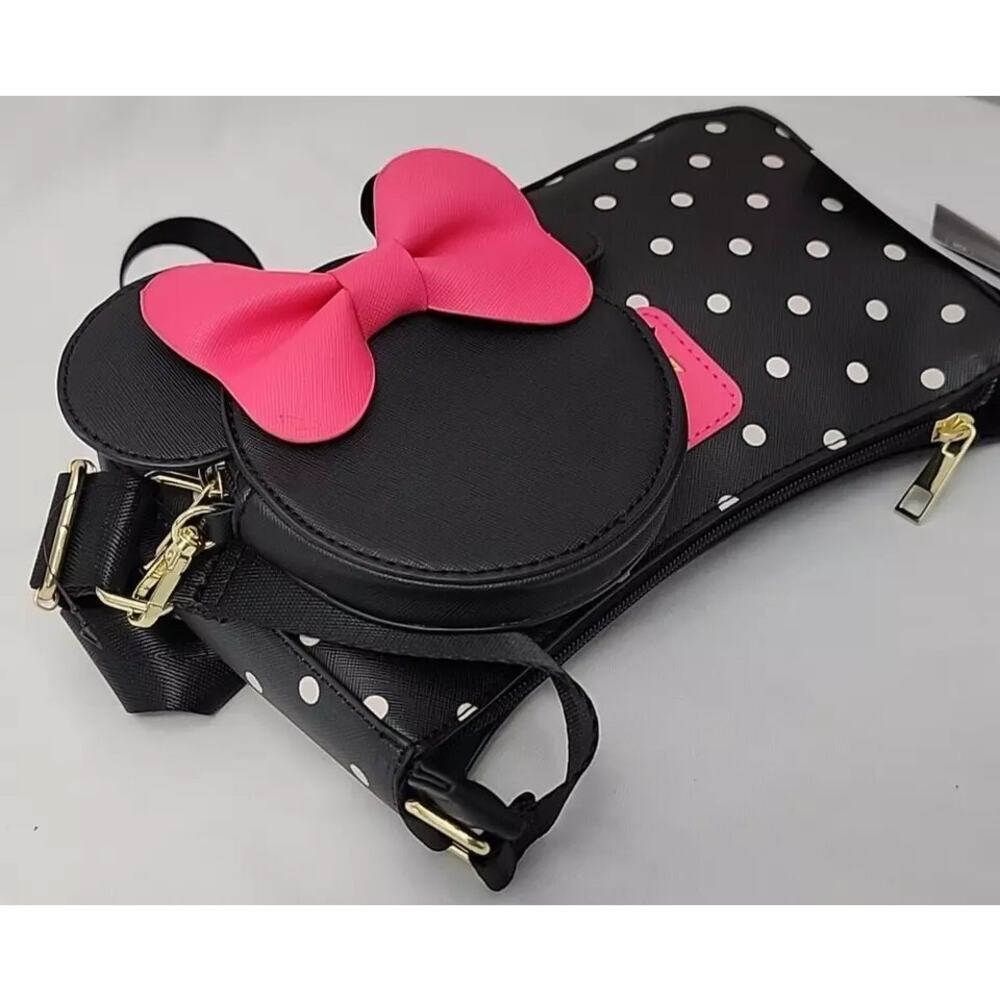 Disney Minnie Mouse Polka Dot Shoulder Bag Pink Bow Coin Pouch Set - Picture 9 of 10